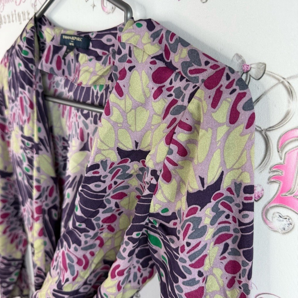 Banana Republic blouse long sleeve floral Purple and Green Wrap shirt tie up - Picture 5 of 13